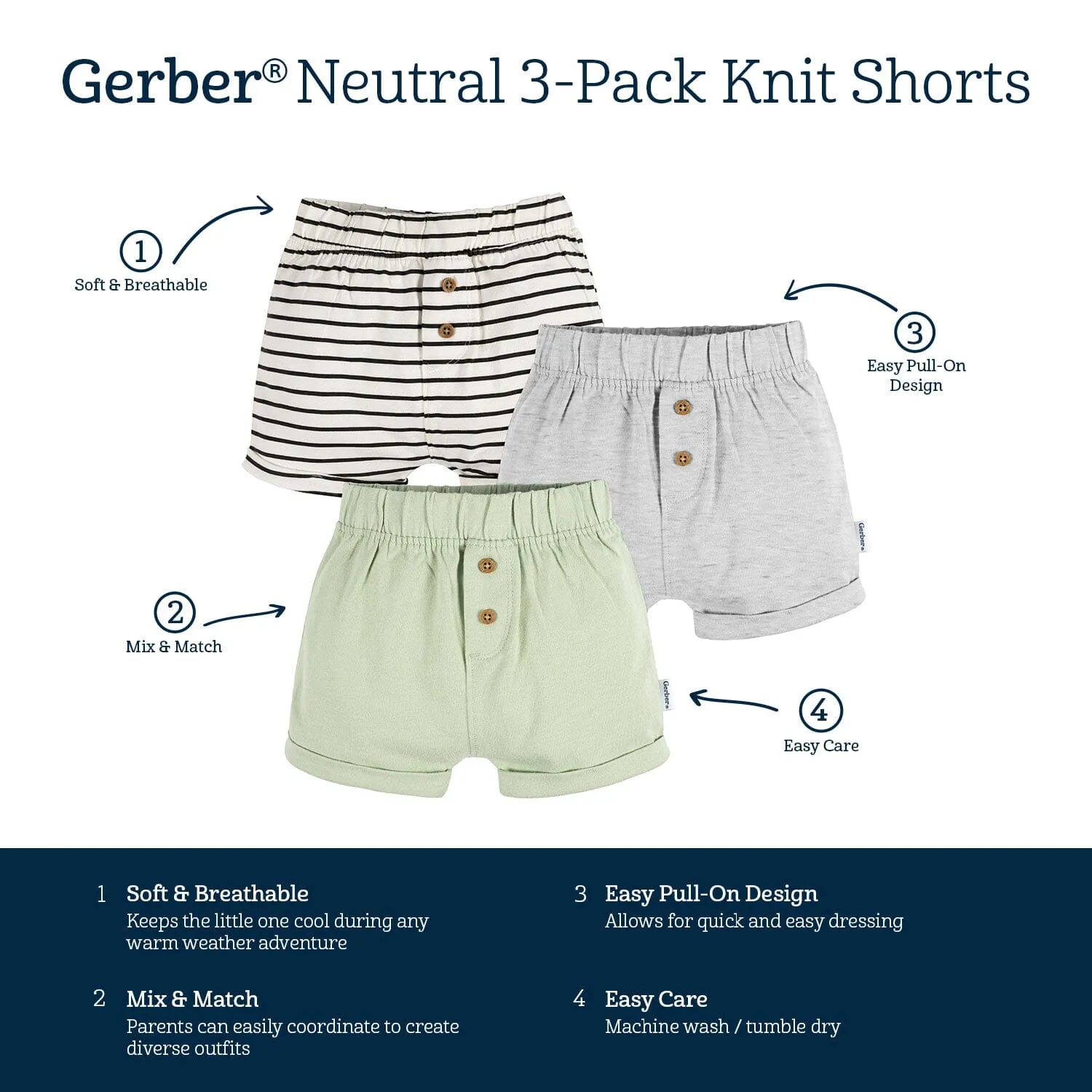 3-Pack Baby Neutral Black Stripe, Light Grey Heather, & Green Knit Shorts