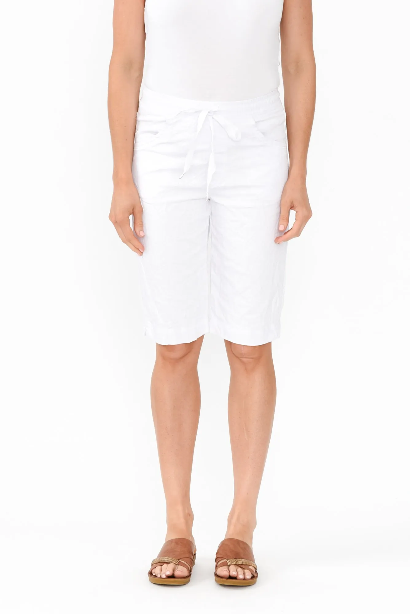 Asha White Cotton Blend Drawstring Shorts