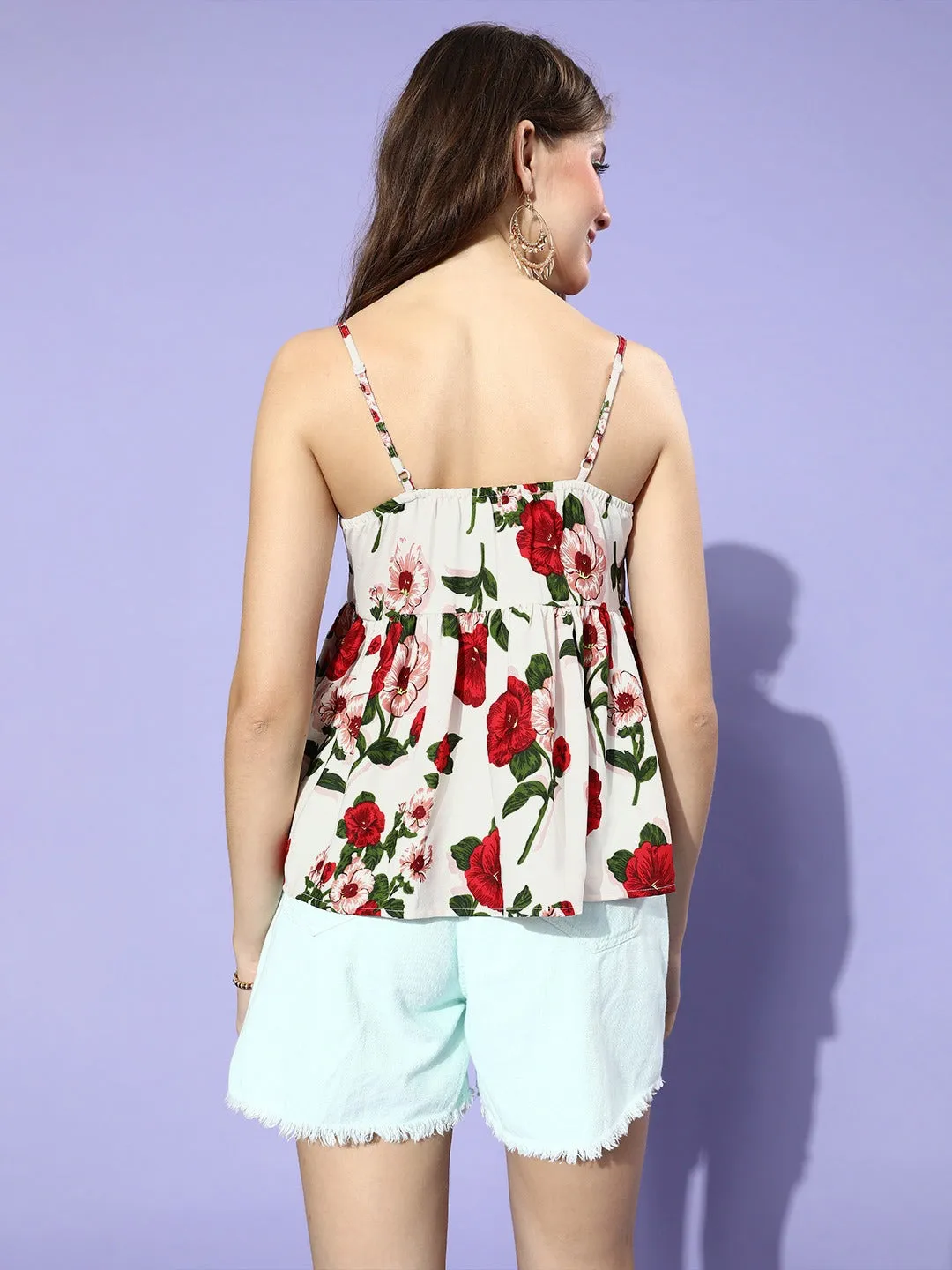 Berrylush Women White & Red Floral Printed Crepe Peplum Top