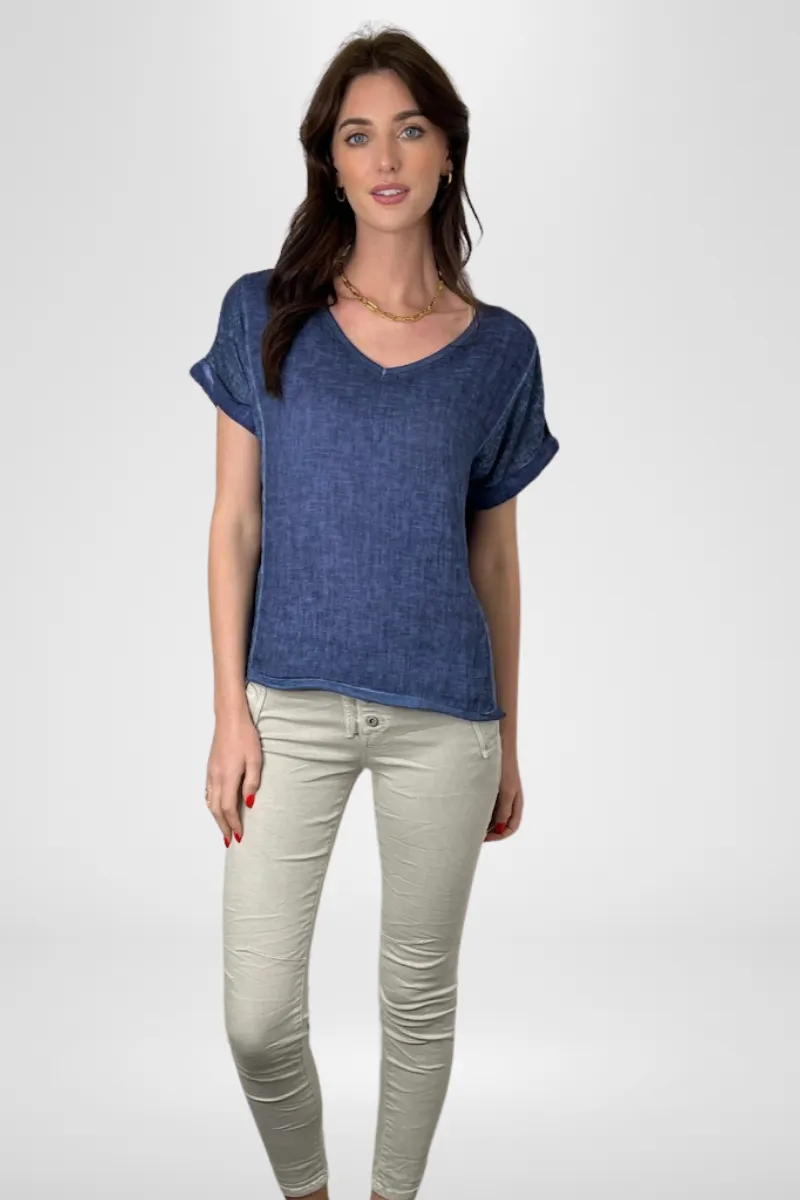 Calypso V-Neck Short Sleeve Midnight Blue Linen Top by Love From Italy