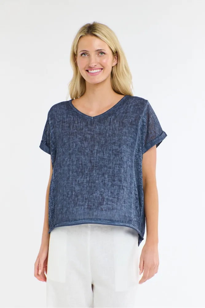 Calypso V-Neck Short Sleeve Midnight Blue Linen Top by Love From Italy