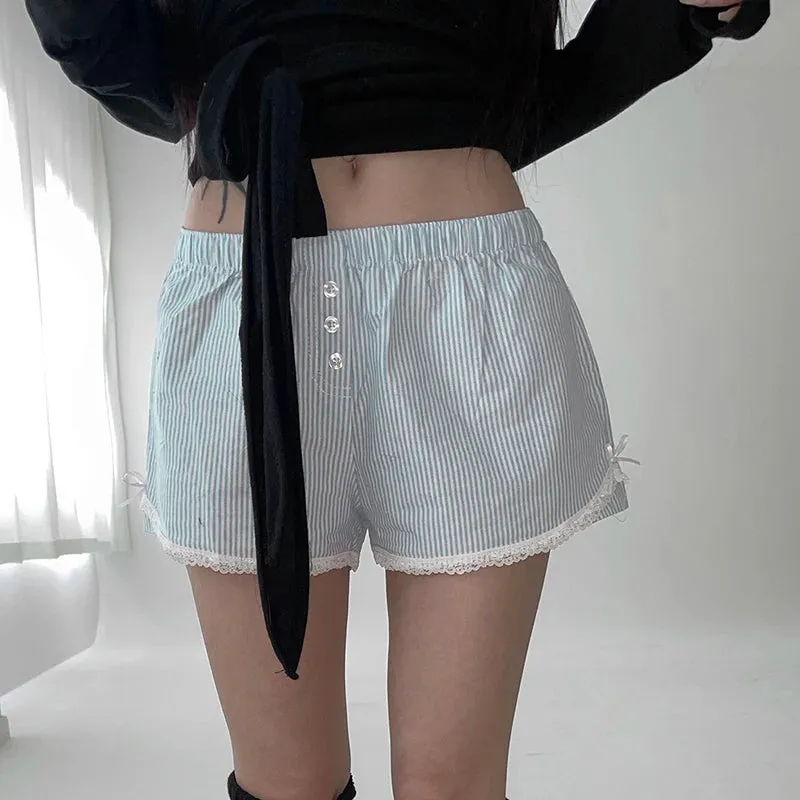 Casual Stripe Sweet Women Shorts Summer Lace Trim Bow Buttons Homewear Korean Hottie Hotpants Basic Short Capris New