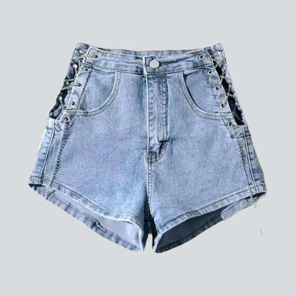 Denim shorts with chain drawstrings