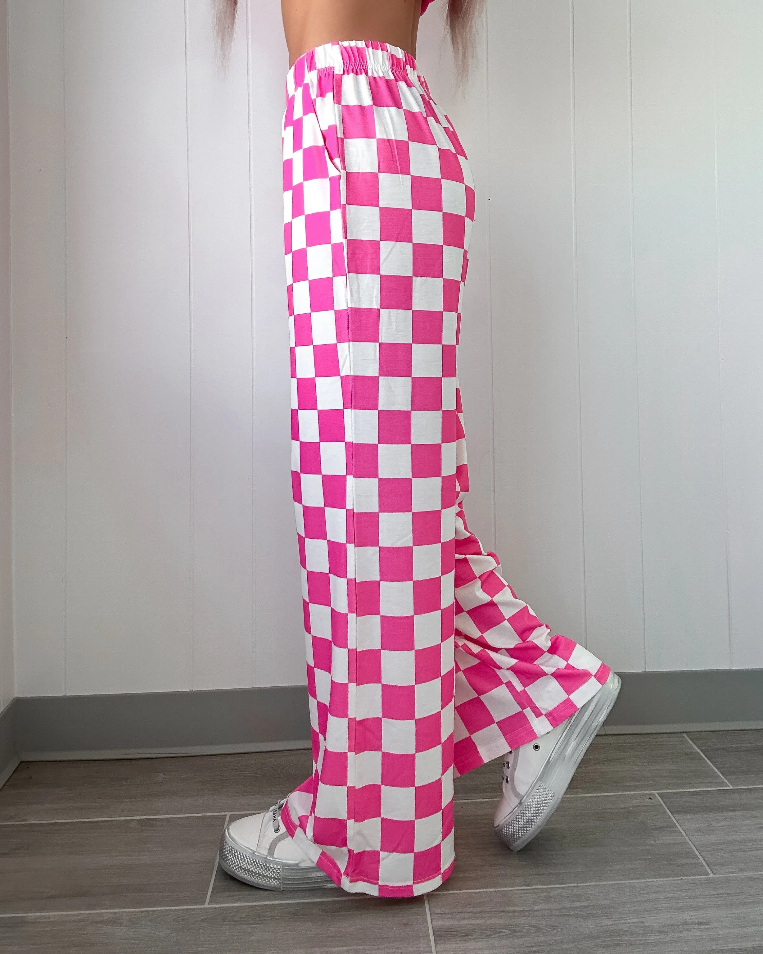 DOORBUSTER Checkered Wide Leg Pants - Hot Pink