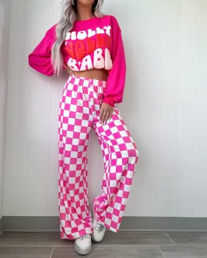 DOORBUSTER Checkered Wide Leg Pants - Hot Pink