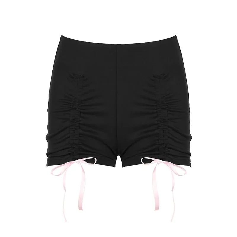 Gothic Dark Y2K Skinny Bow Summer Shorts Women Hottie 2000s Aesthetic Drawstring Hotpants Korean Girls Bottoms Kawaii