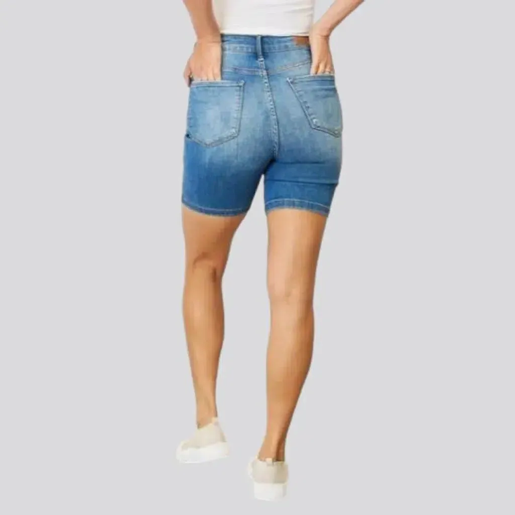 High-waist medium-wash jean shorts for women