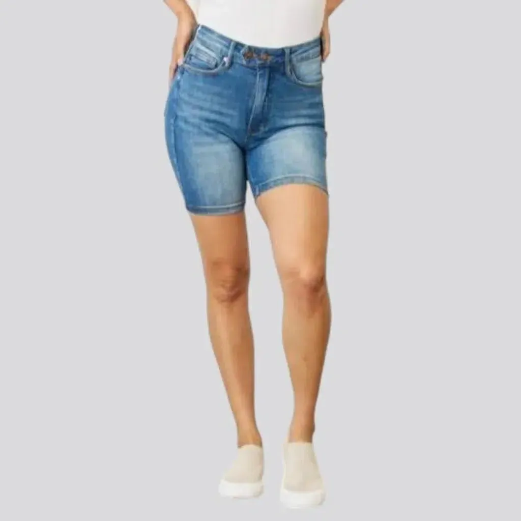 High-waist medium-wash jean shorts for women