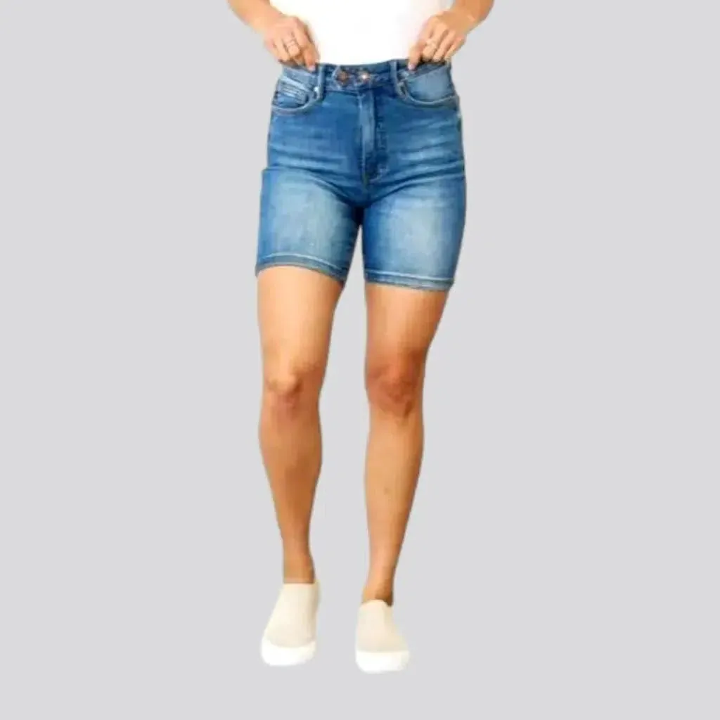 High-waist medium-wash jean shorts for women