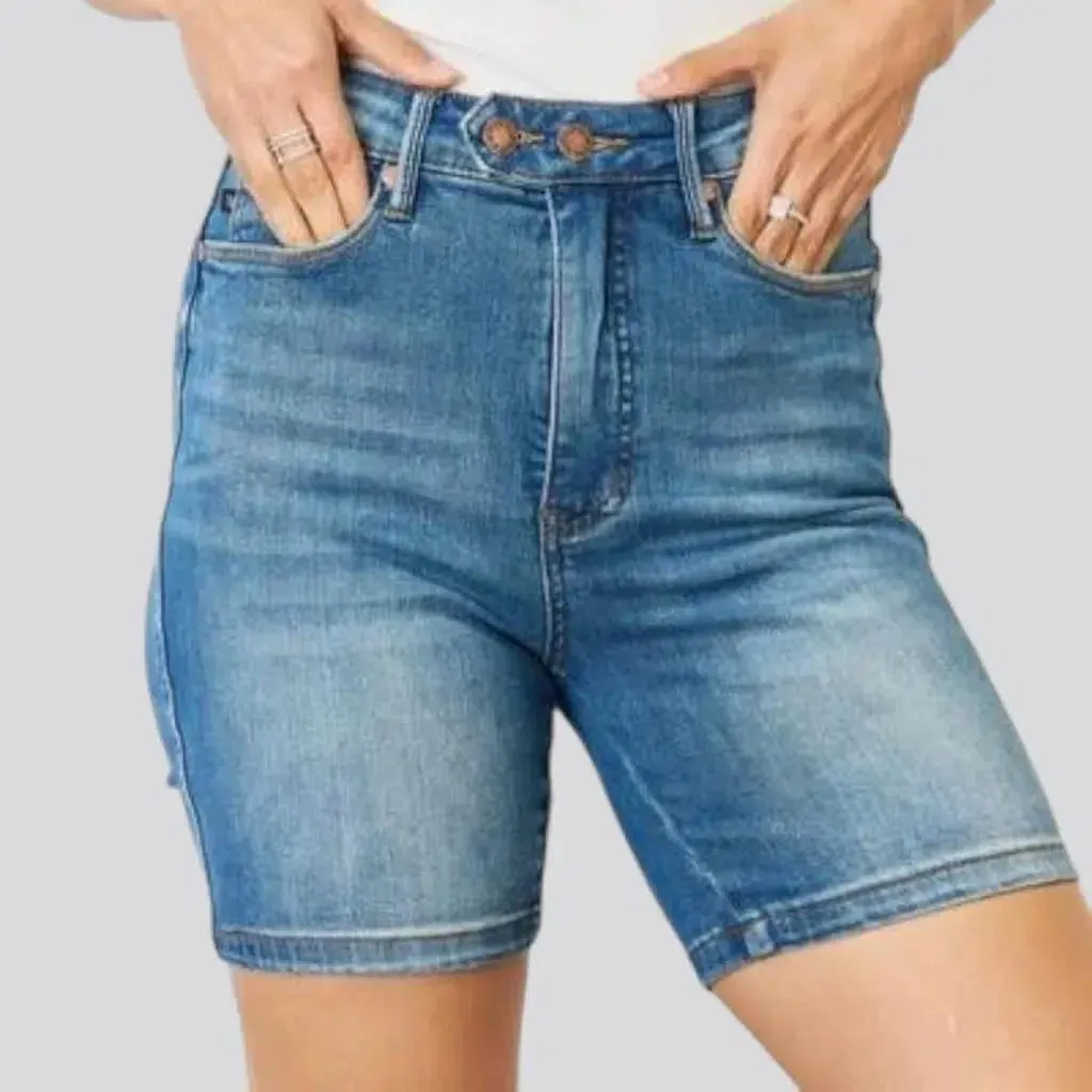 High-waist medium-wash jean shorts for women