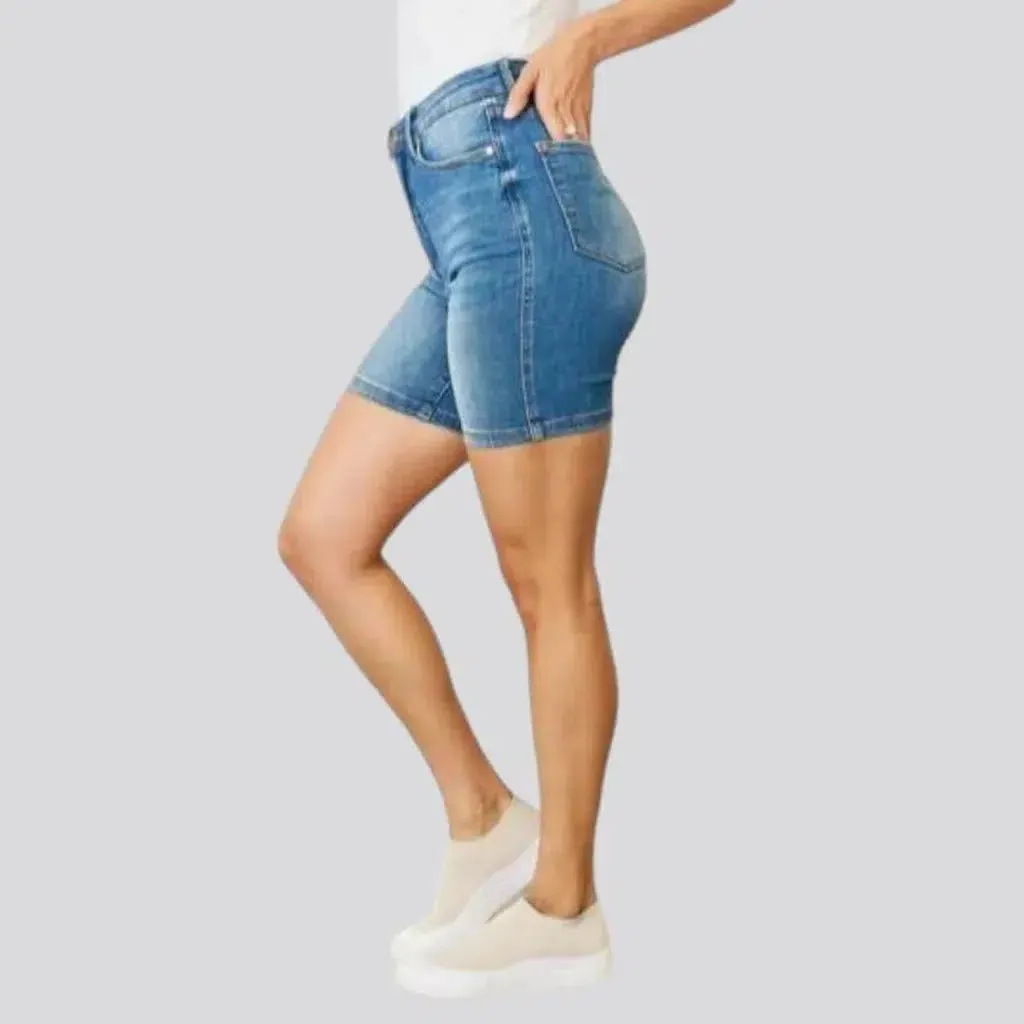 High-waist medium-wash jean shorts for women