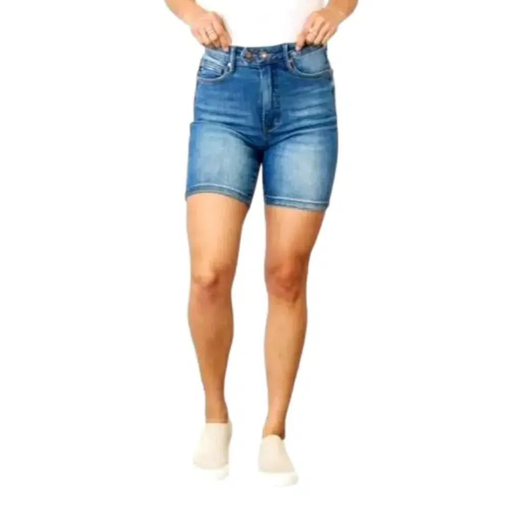 High-waist medium-wash jean shorts for women