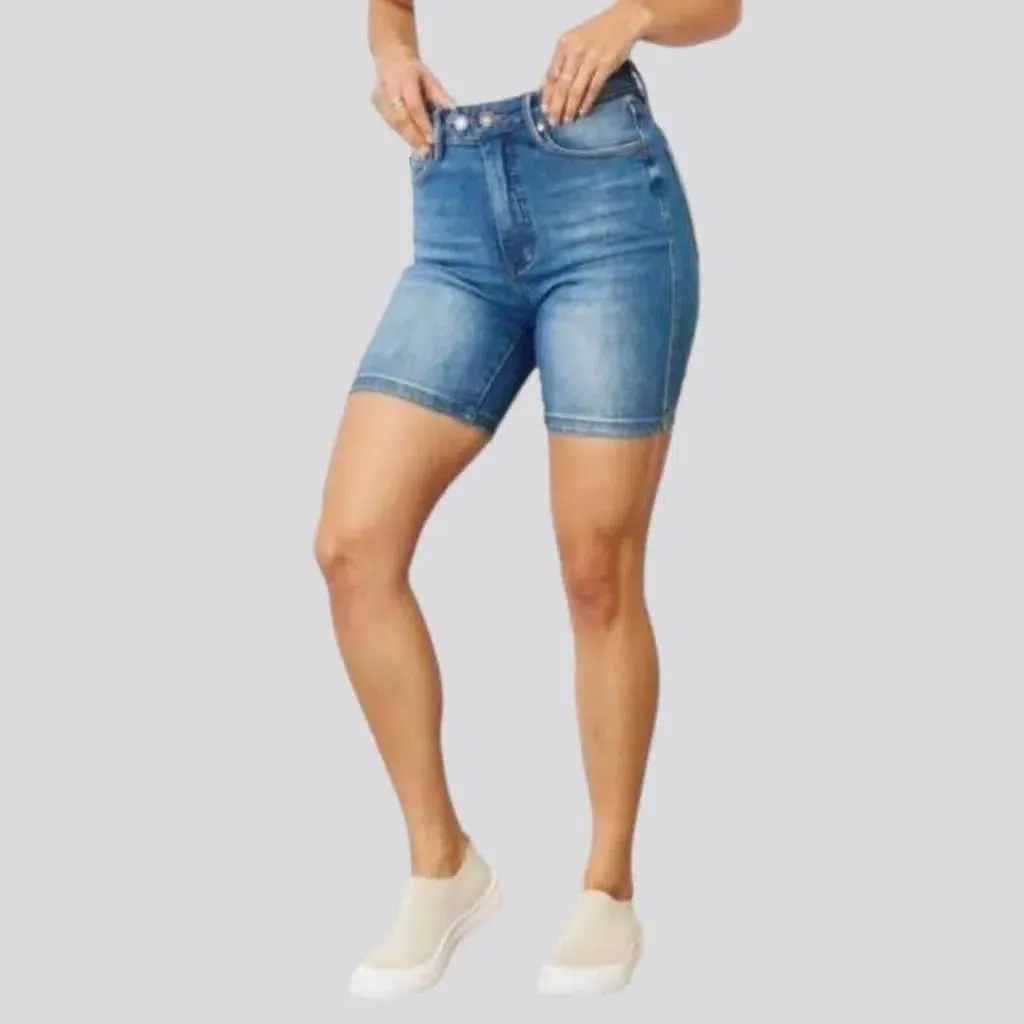 High-waist medium-wash jean shorts for women