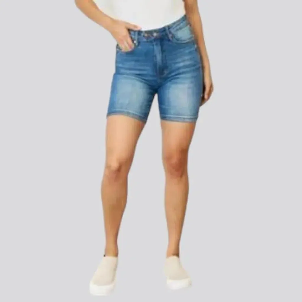 High-waist medium-wash jean shorts for women