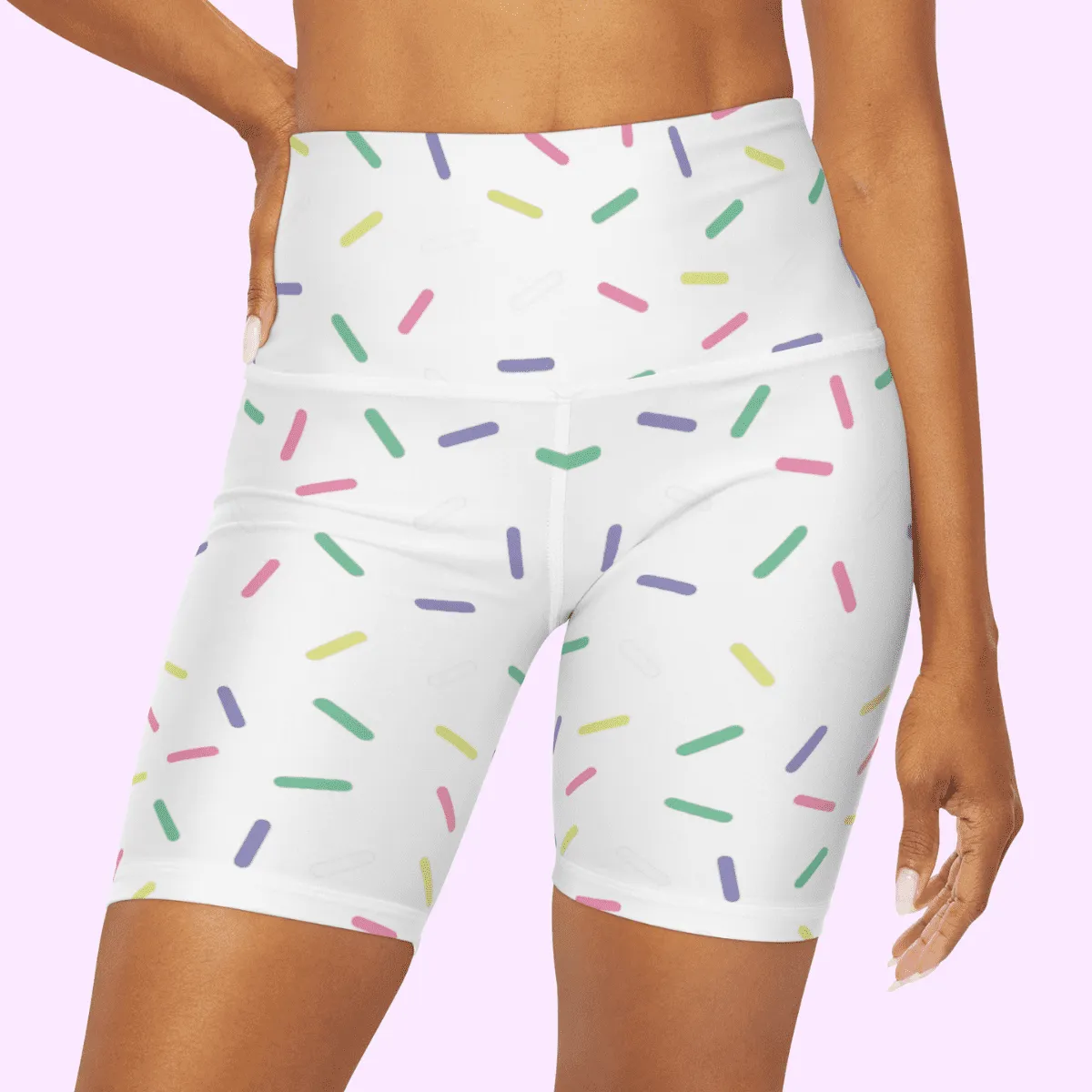 High Waisted Yoga Shorts White With Rainbow Sprinkles