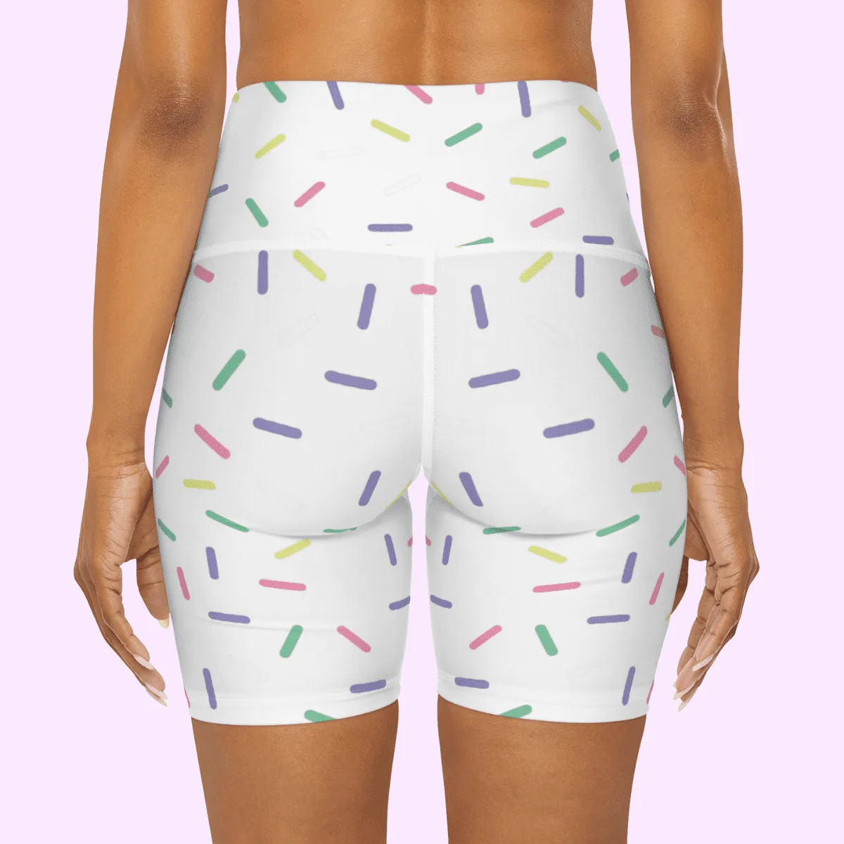 High Waisted Yoga Shorts White With Rainbow Sprinkles