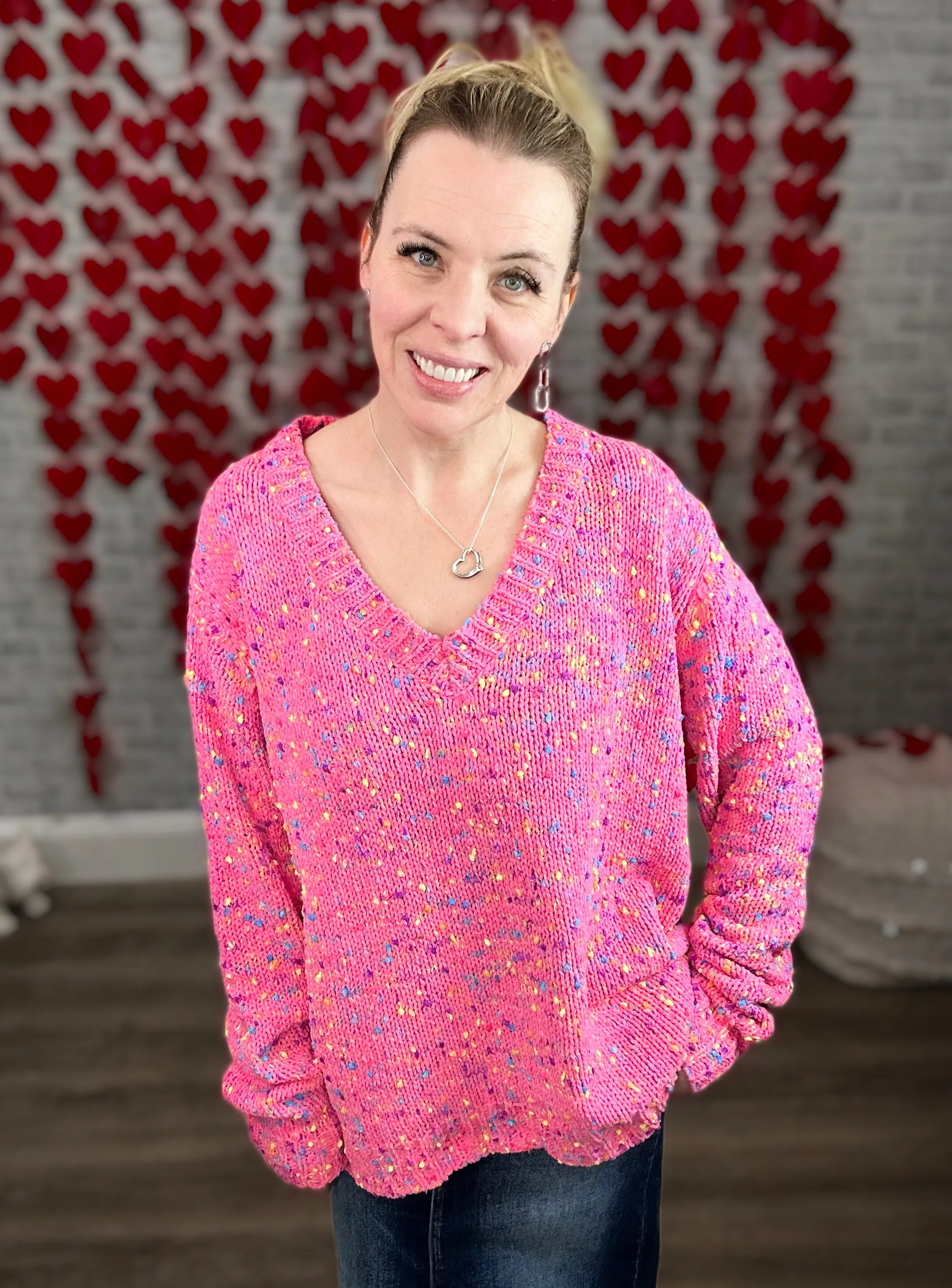 Hot Pink Confetti Sprinkles V-Neck Sweater