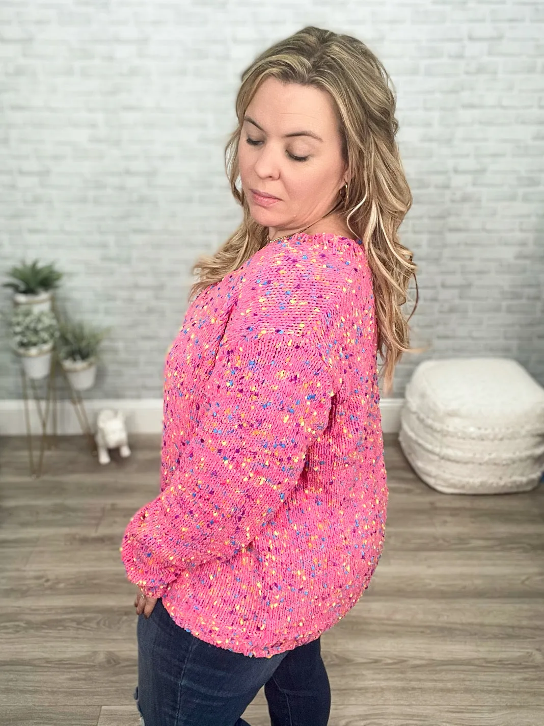 Hot Pink Confetti Sprinkles V-Neck Sweater