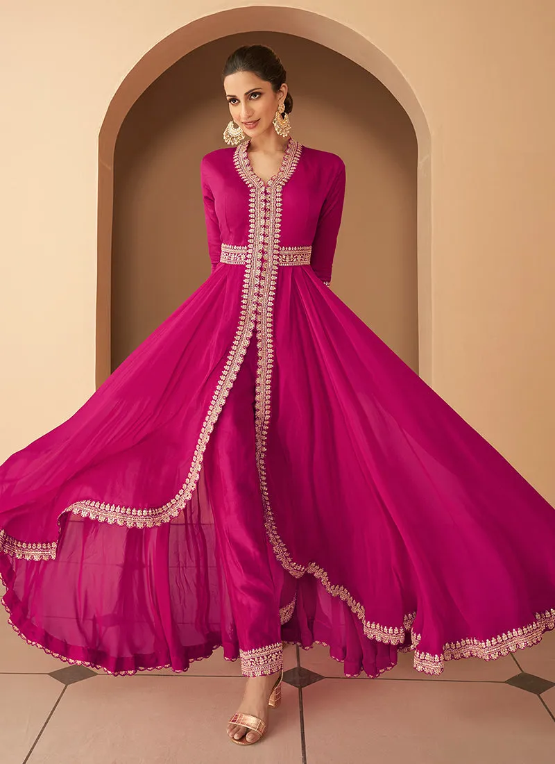 Hot Pink Embroidery Slit Style Anarkali Pant Suit