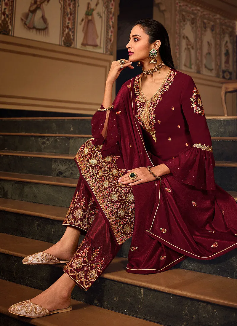 Hot Red Embroidered Pakistani Pant Style Suit