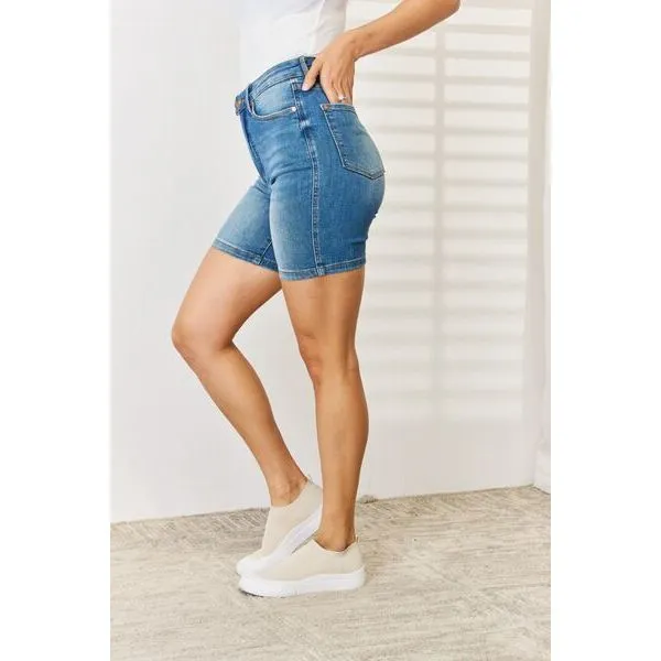 Judy Blue Full Size Tummy Control Double Button Bermuda Denim Shorts