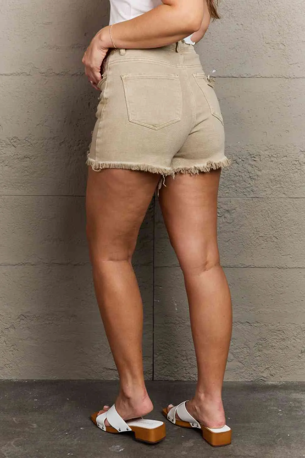 Katie Full Size High Waisted Distressed Shorts in Sand