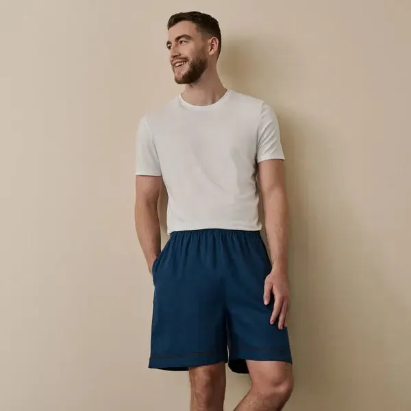 Marine Blue Tencel Linen Blend Men's Pyjama Shorts