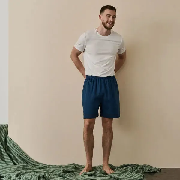 Marine Blue Tencel Linen Blend Men's Pyjama Shorts