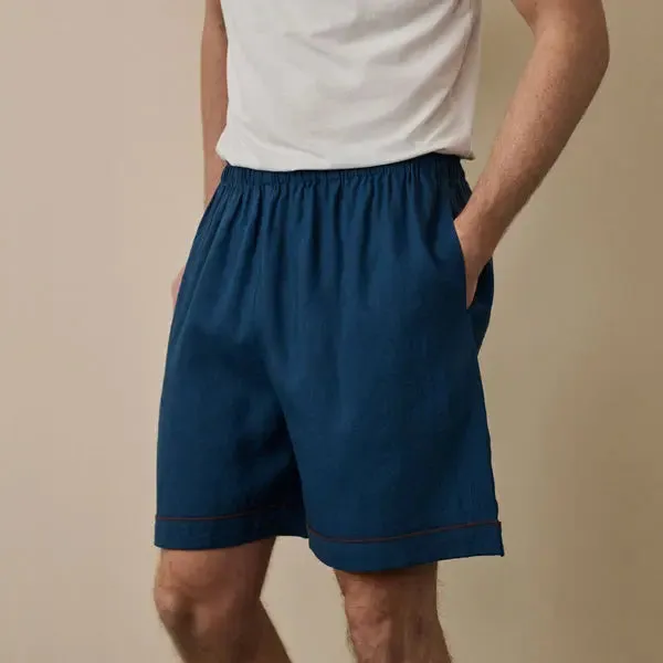 Marine Blue Tencel Linen Blend Men's Pyjama Shorts