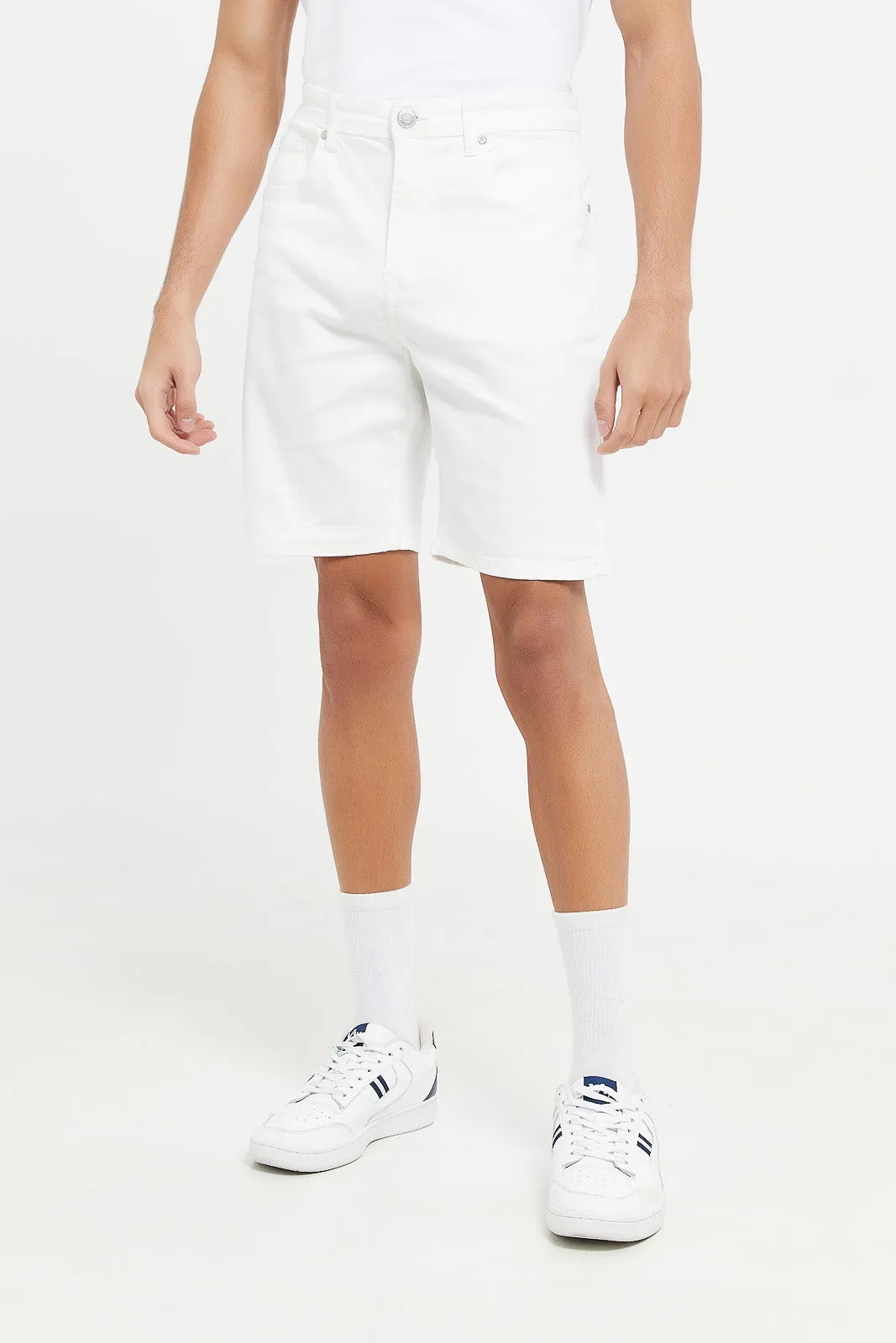 Men White 5-Pocket Denim Short