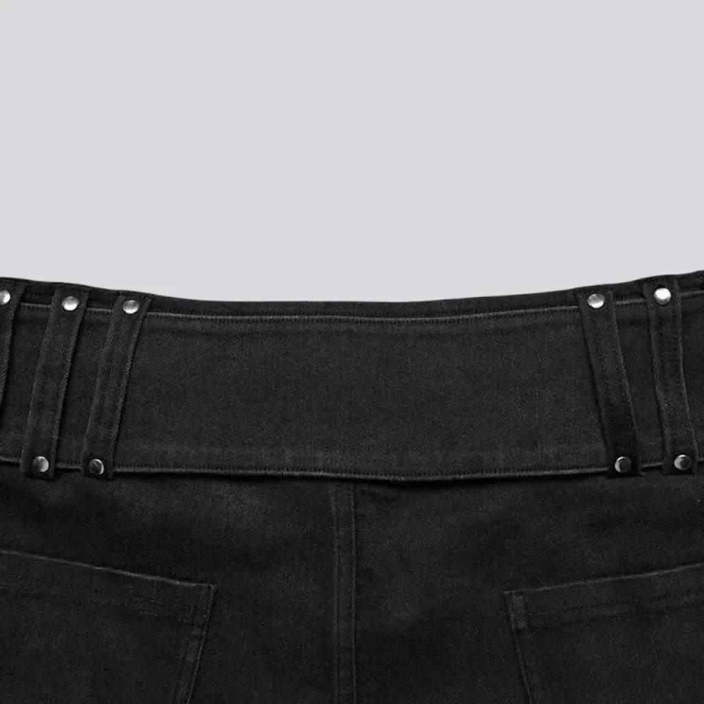 Mid-waist black jeans shorts for ladies