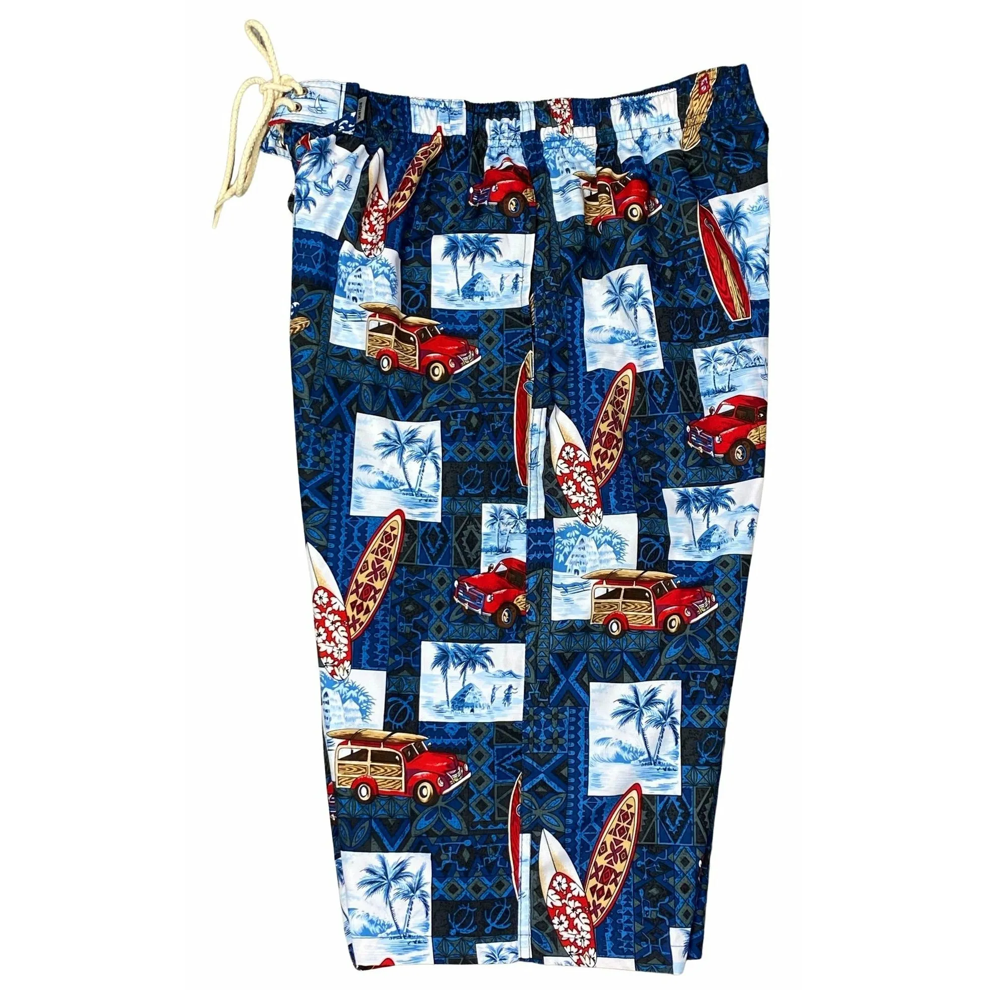 "Postcards" (Blue) Side Pockets Elastic Waist Board Shorts (Select Custom Outseam 22" - 27")