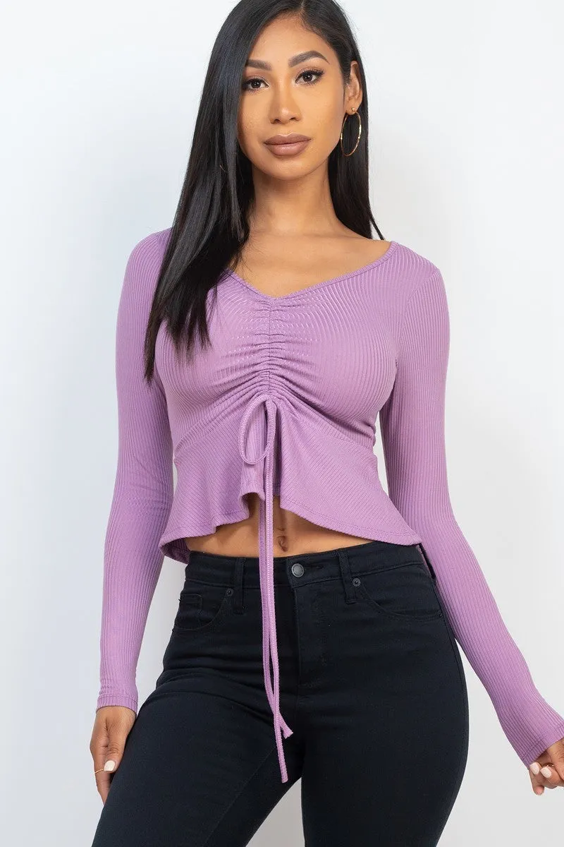 Ribbed Drawstring Front Peplum Top