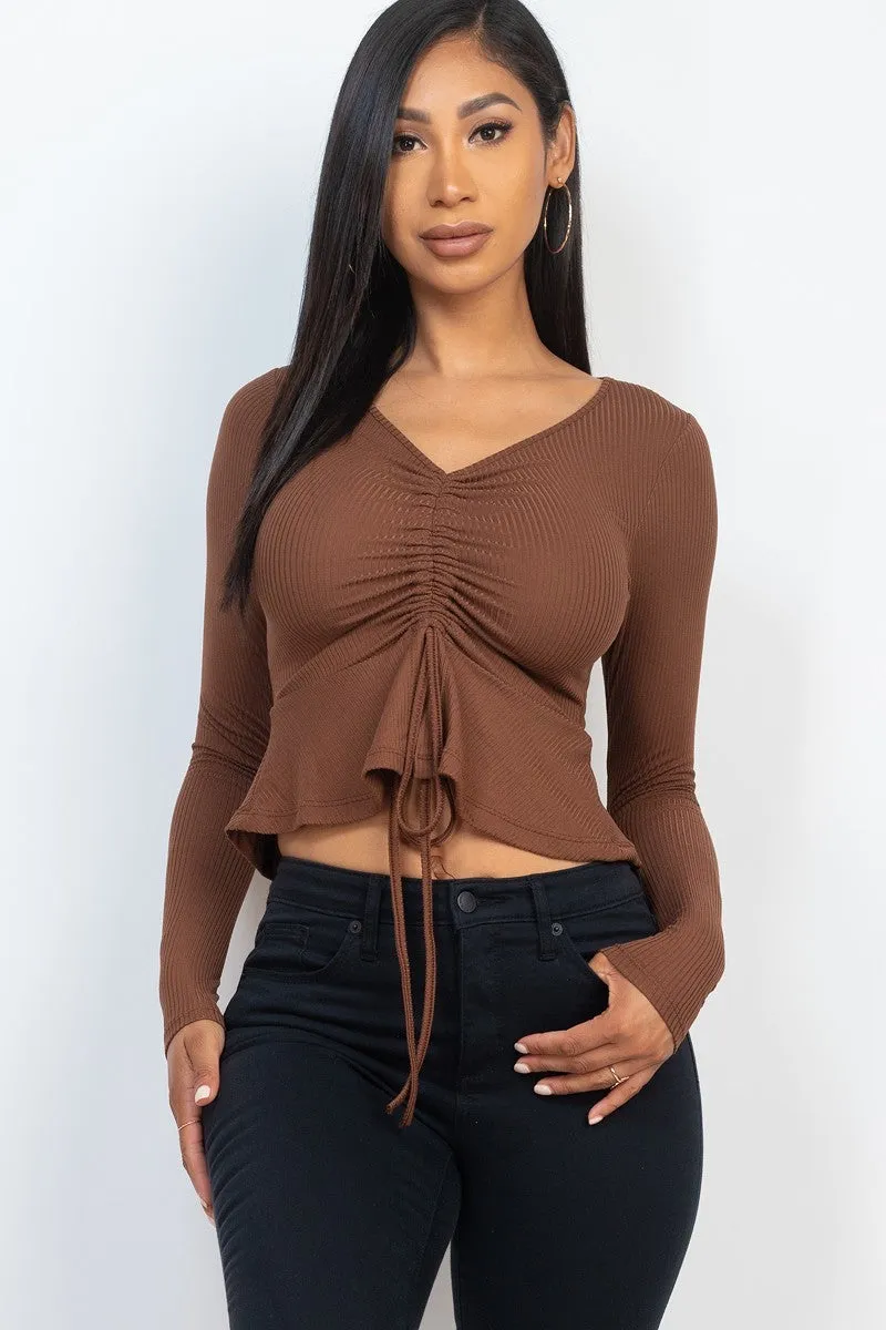 Ribbed Drawstring Front Peplum Top