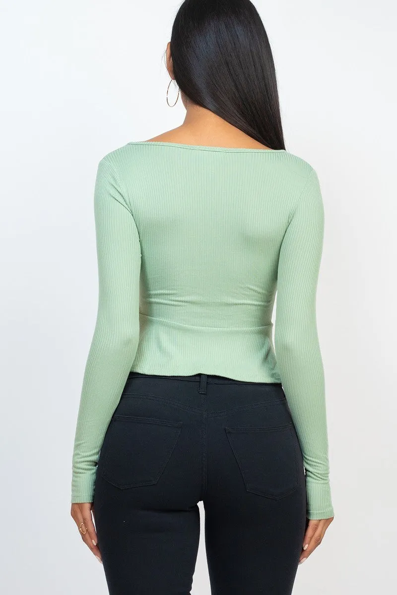 Ribbed Drawstring Front Peplum Top