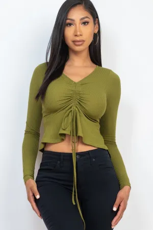 Ribbed Drawstring Front Peplum Top