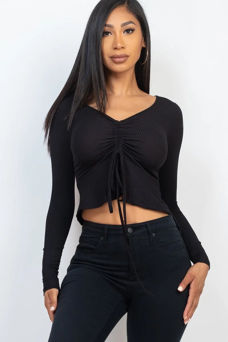 Ribbed Drawstring Front Peplum Top