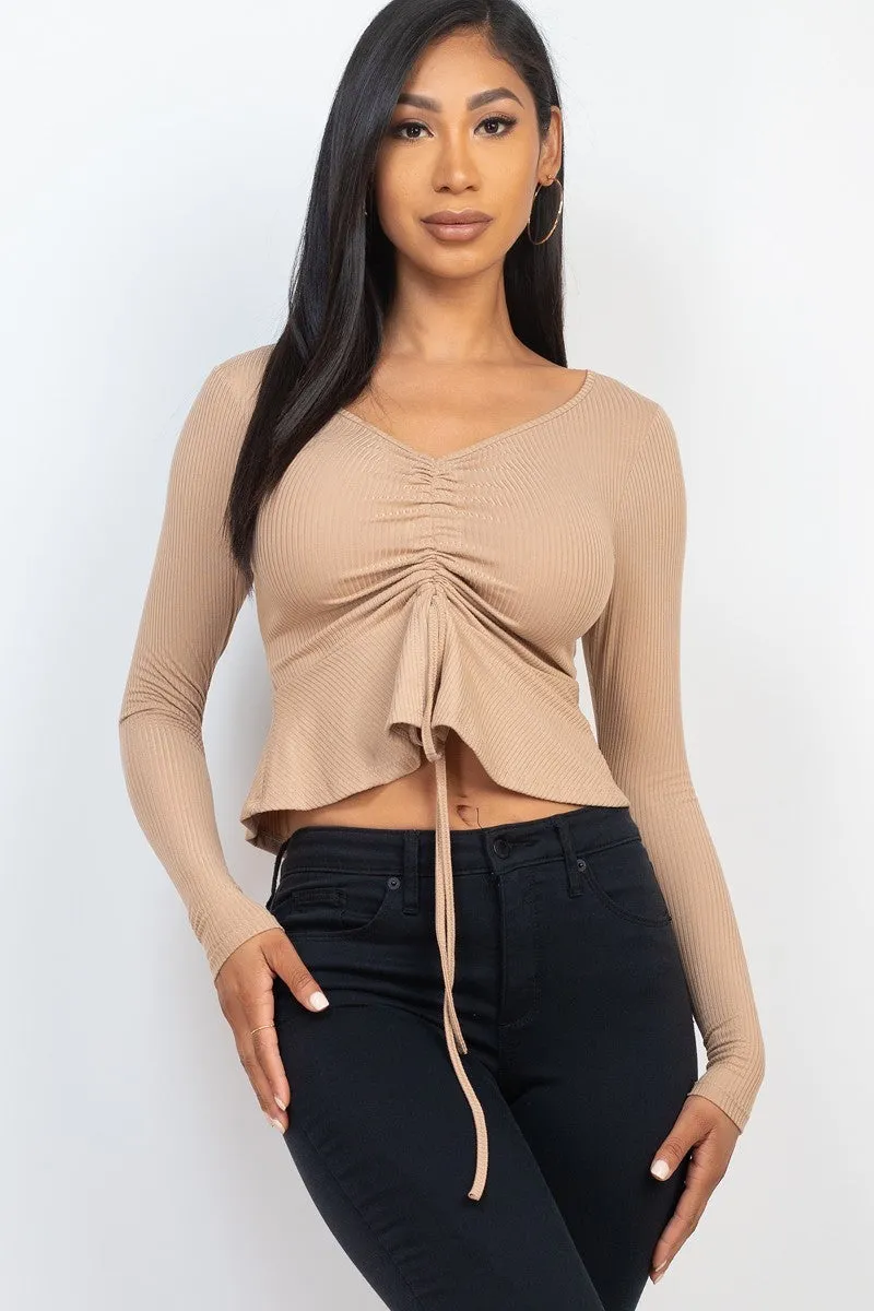 Ribbed Drawstring Front Peplum Top