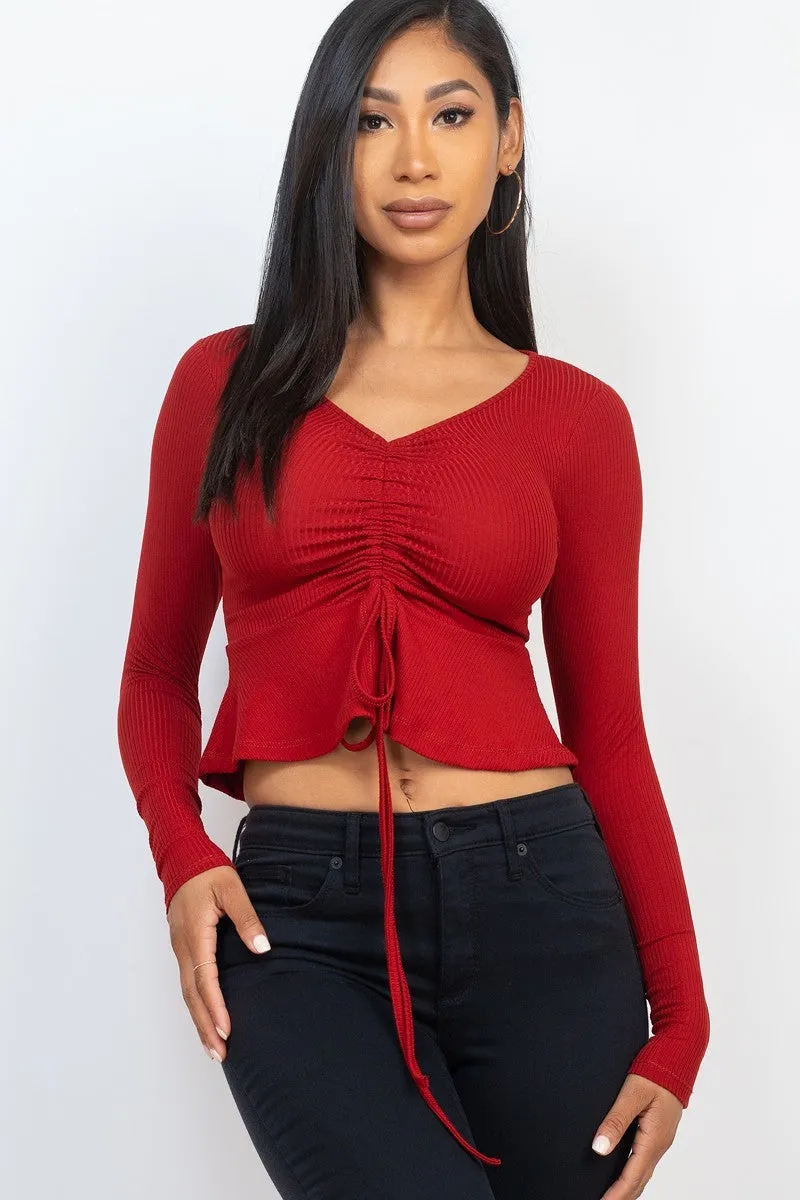 Ribbed Drawstring Front Peplum Top