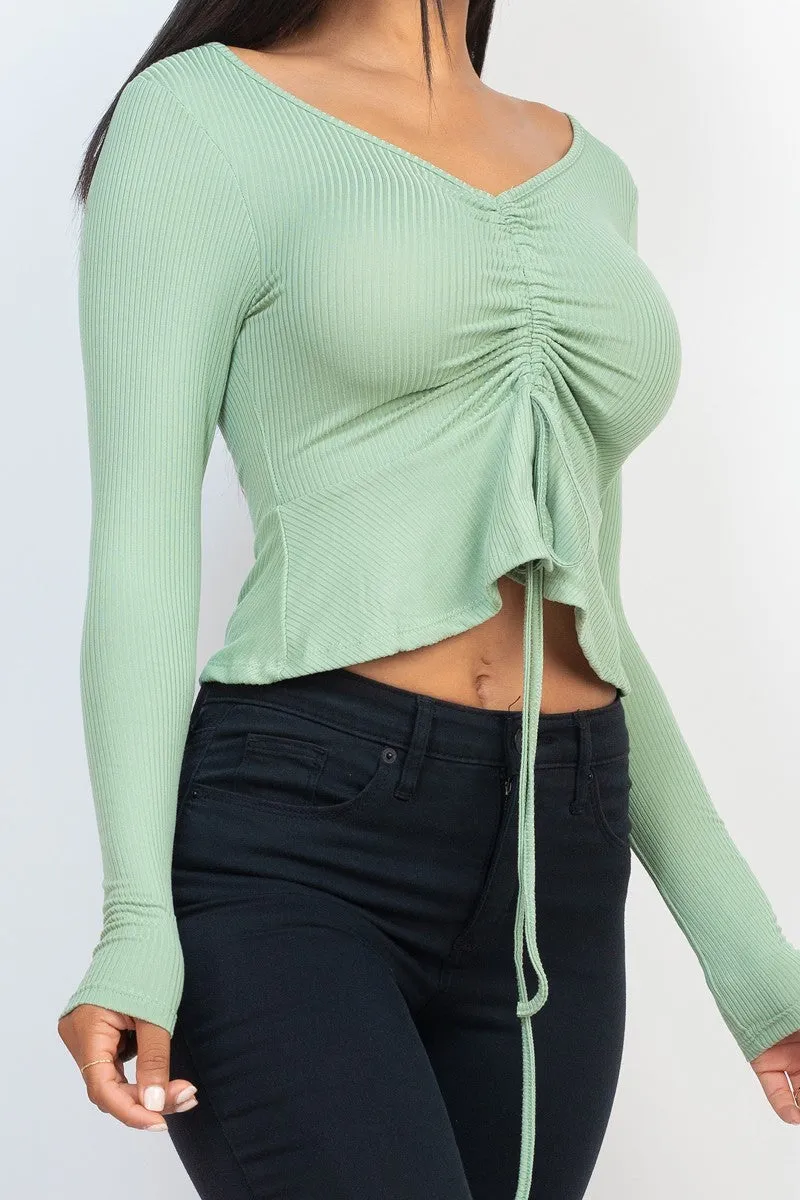 Ribbed Drawstring Front Peplum Top