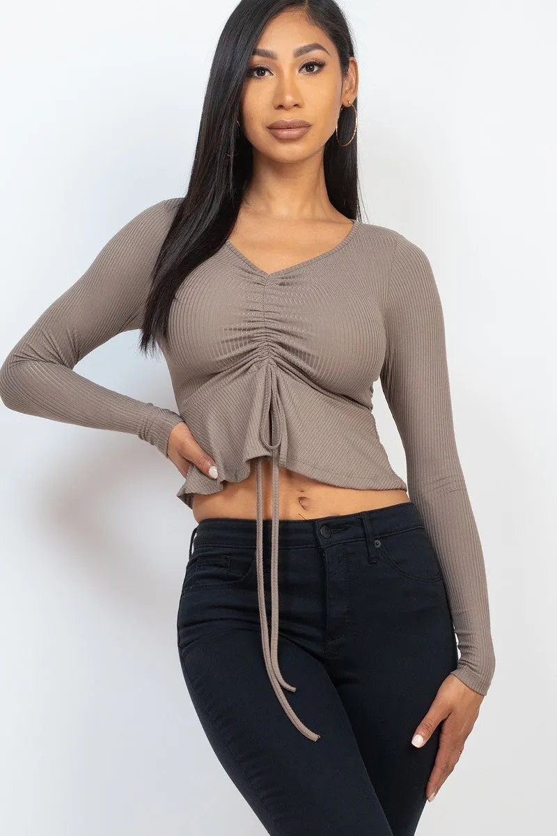 Ribbed Drawstring Front Peplum Top