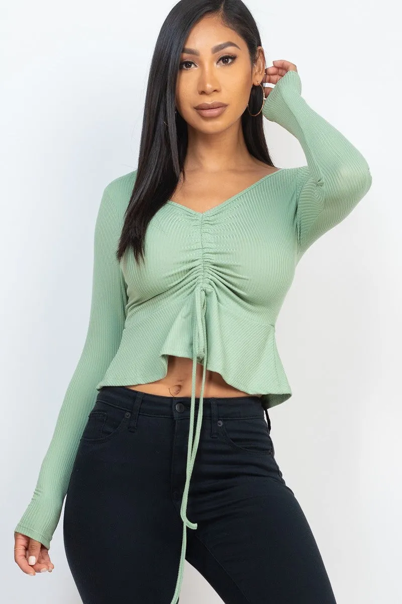 Ribbed Drawstring Front Peplum Top