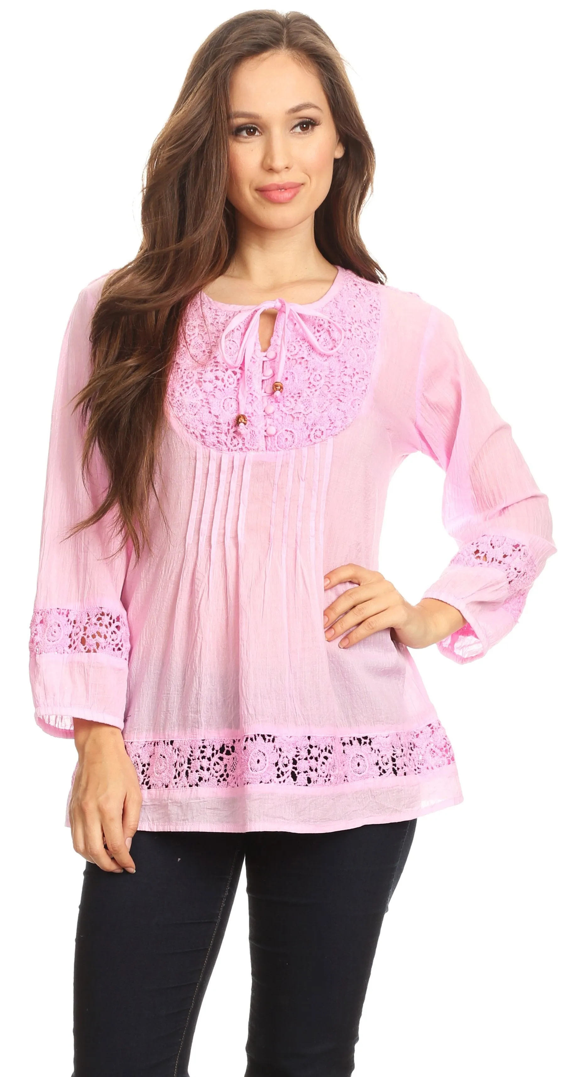 Sakkas Echo Long Lightweight Embroidered Blouse Top With Bell Sleeves