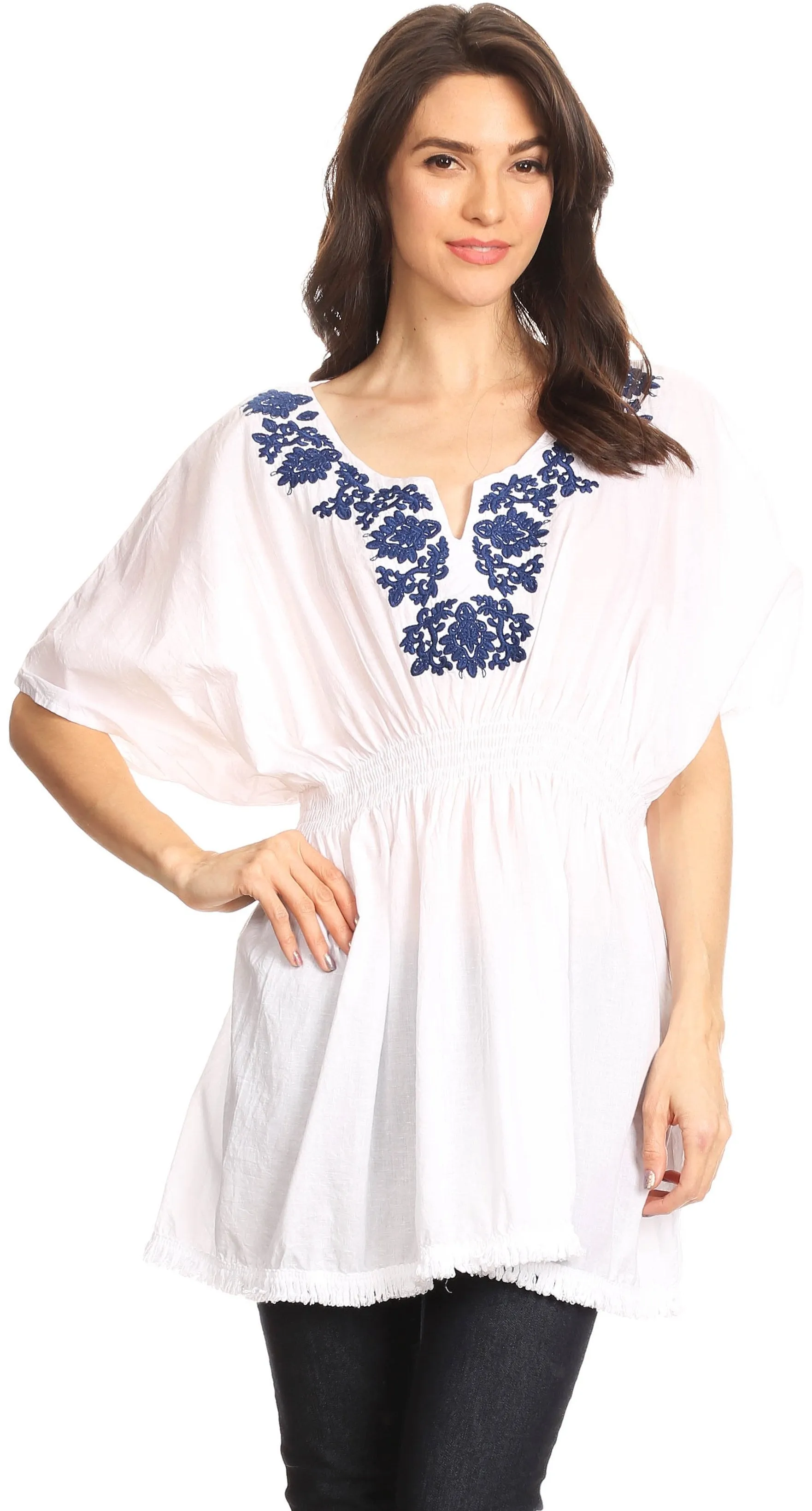 Sakkas Octavia Smocked Dolman Sleeve Fringe Blouse with Split Neck and Embroidery