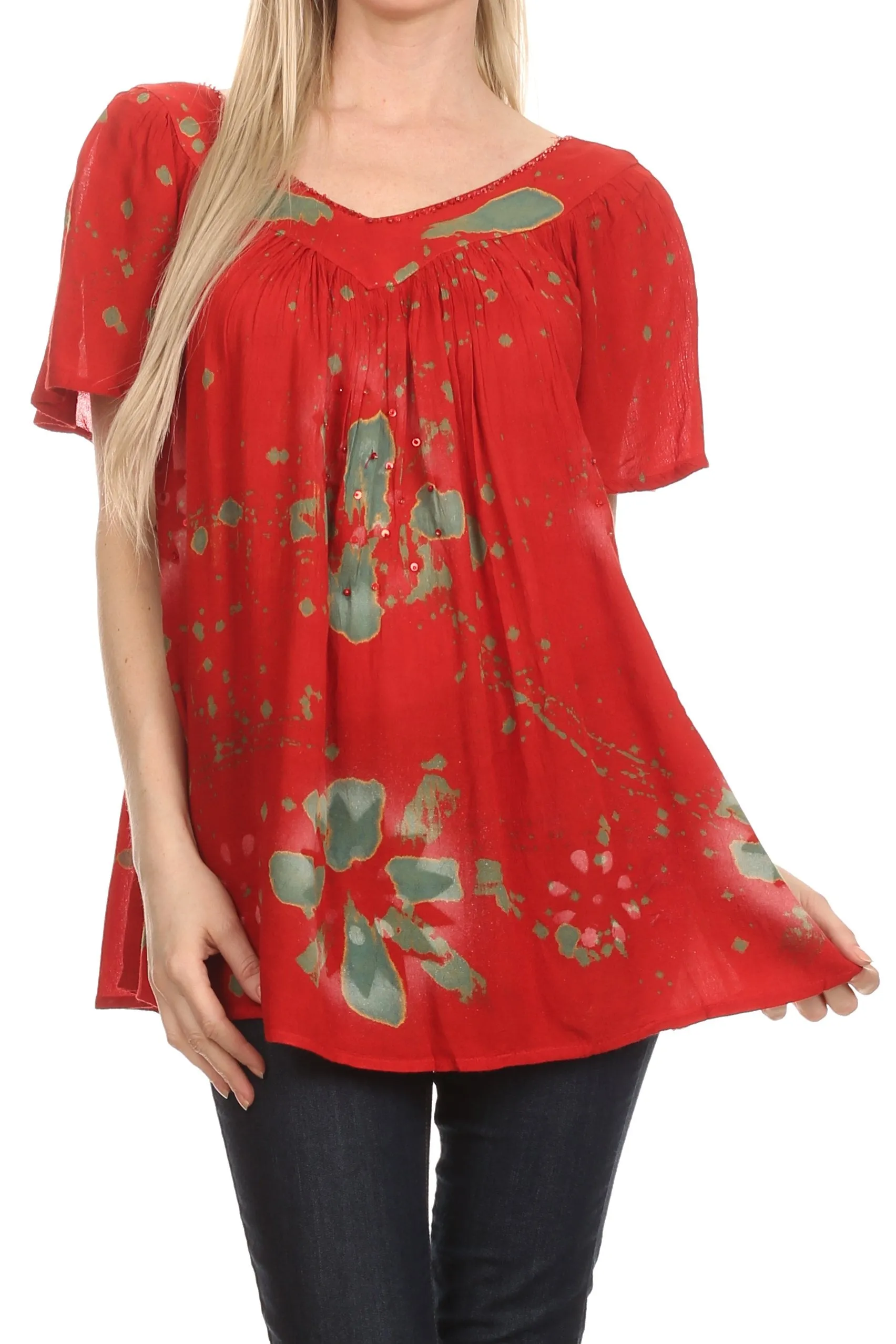 Sakkas Poppy Floral Hand Dyed Dye Pattern Top Blouse With Beaded Sequin V Neck