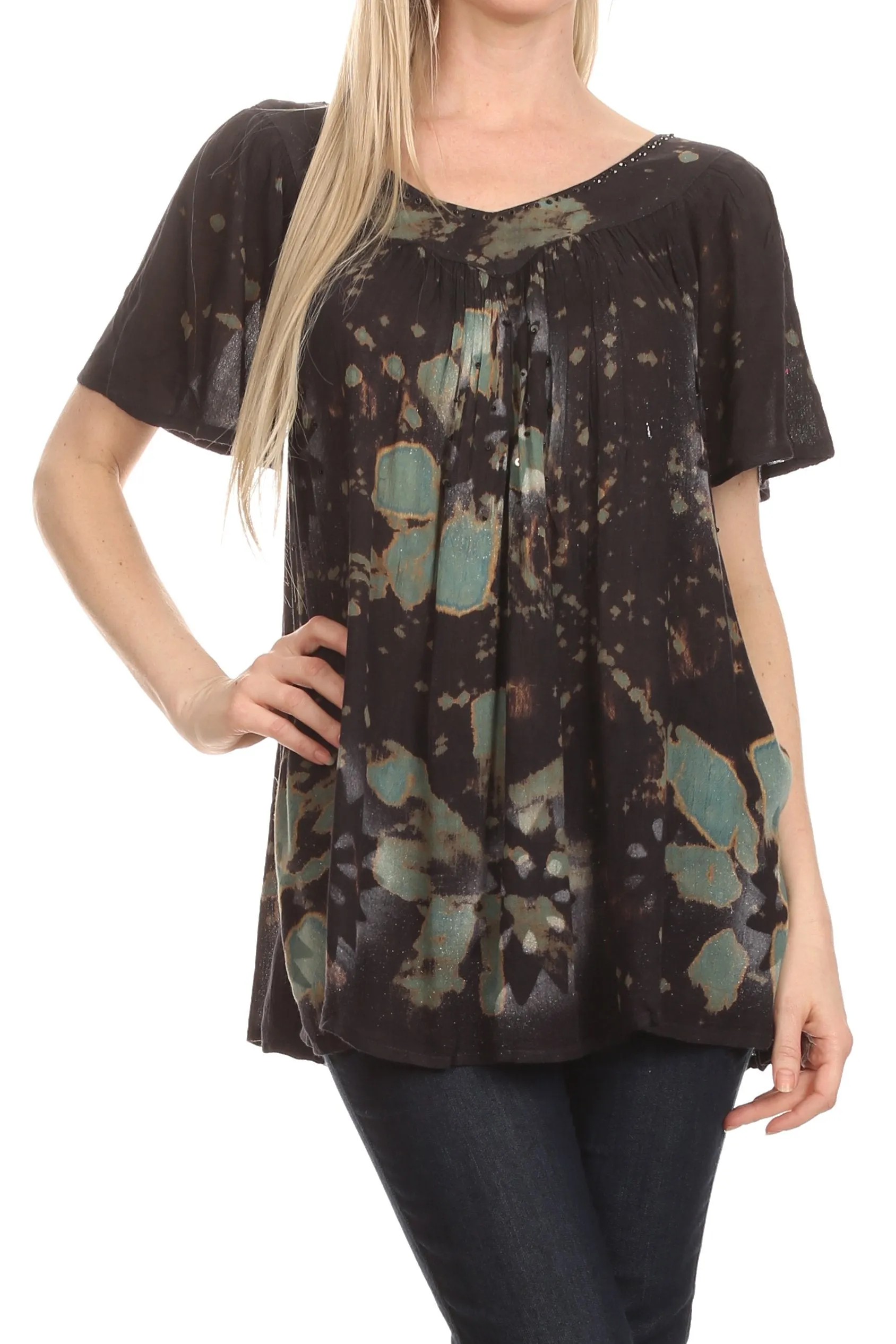 Sakkas Poppy Floral Hand Dyed Dye Pattern Top Blouse With Beaded Sequin V Neck