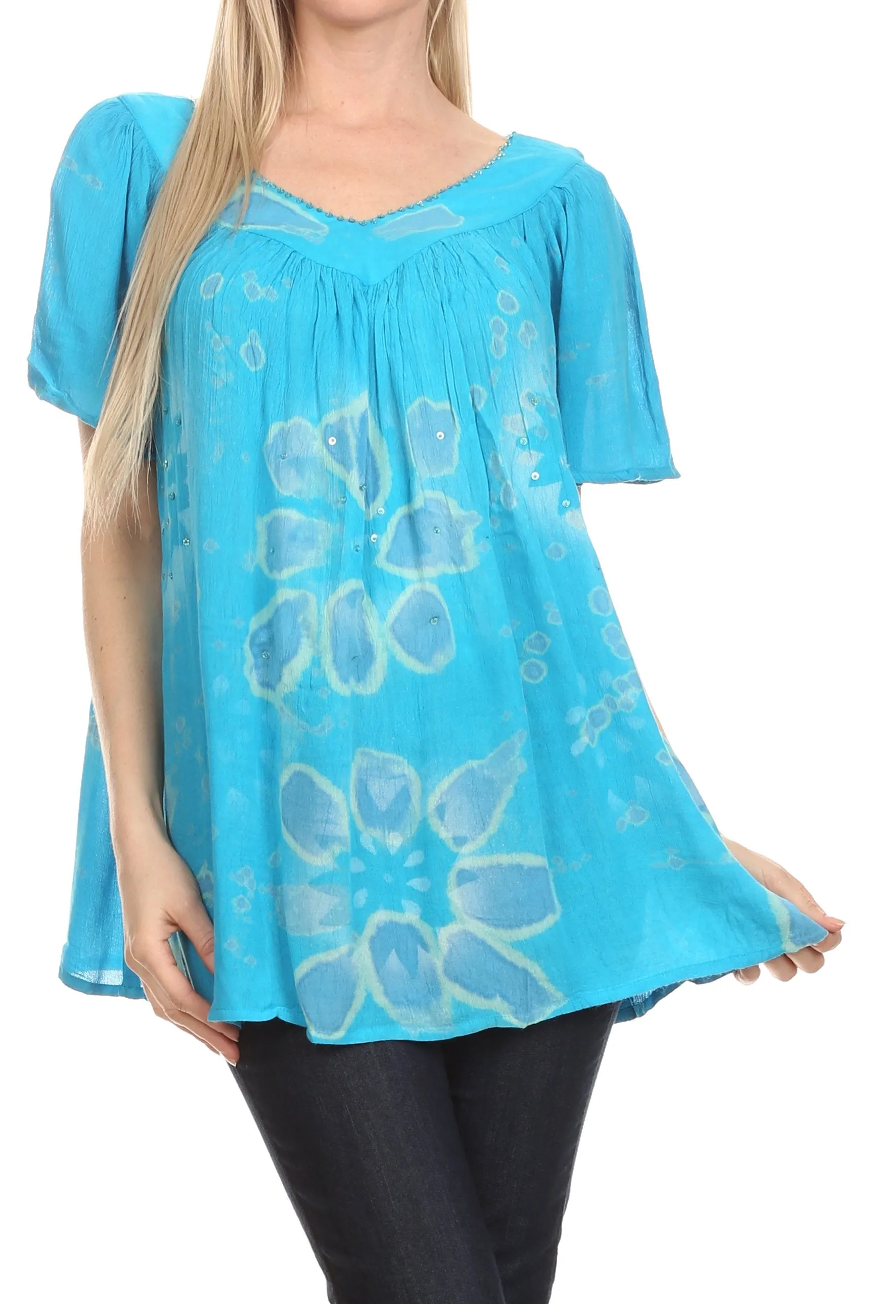 Sakkas Poppy Floral Hand Dyed Dye Pattern Top Blouse With Beaded Sequin V Neck