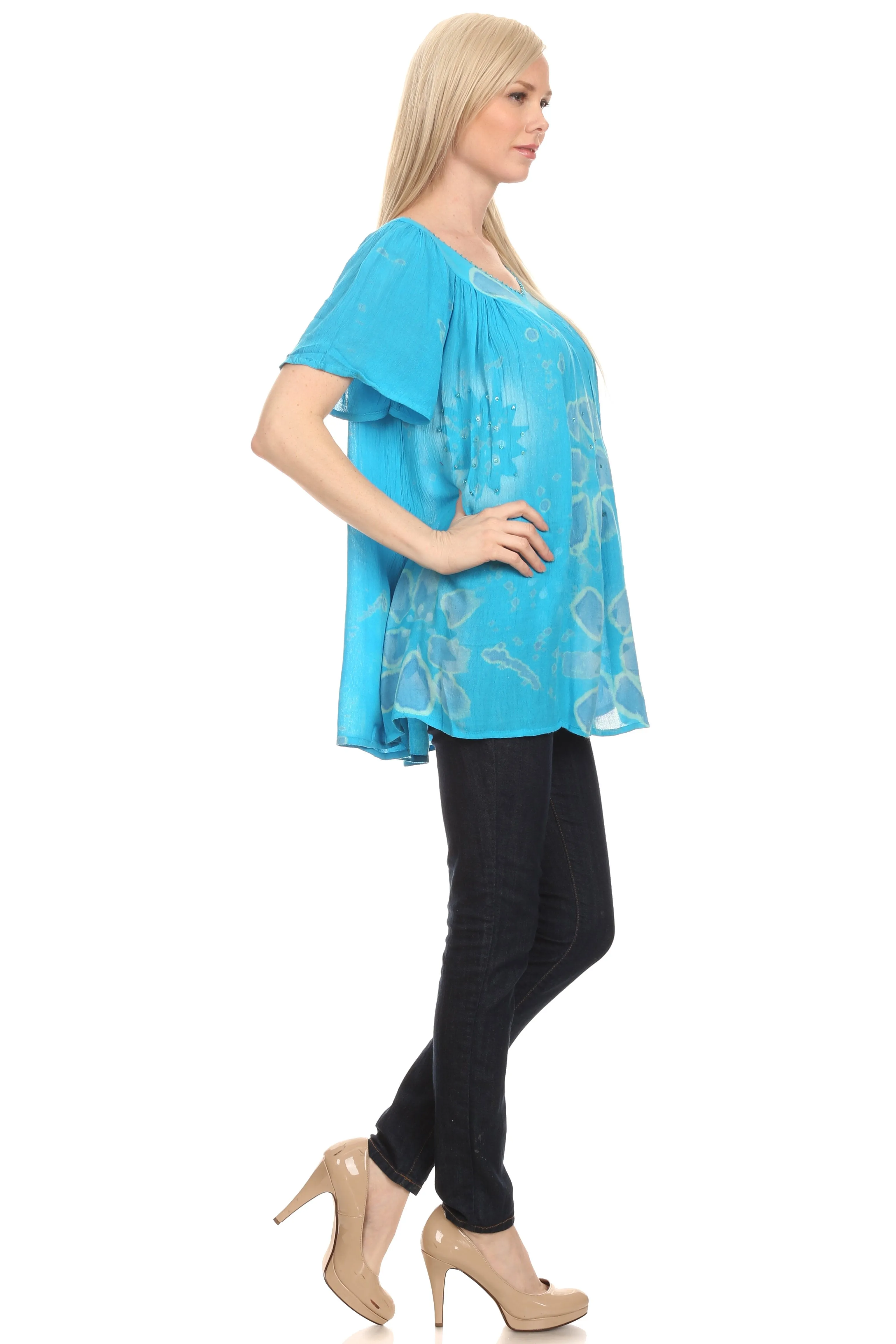 Sakkas Poppy Floral Hand Dyed Dye Pattern Top Blouse With Beaded Sequin V Neck