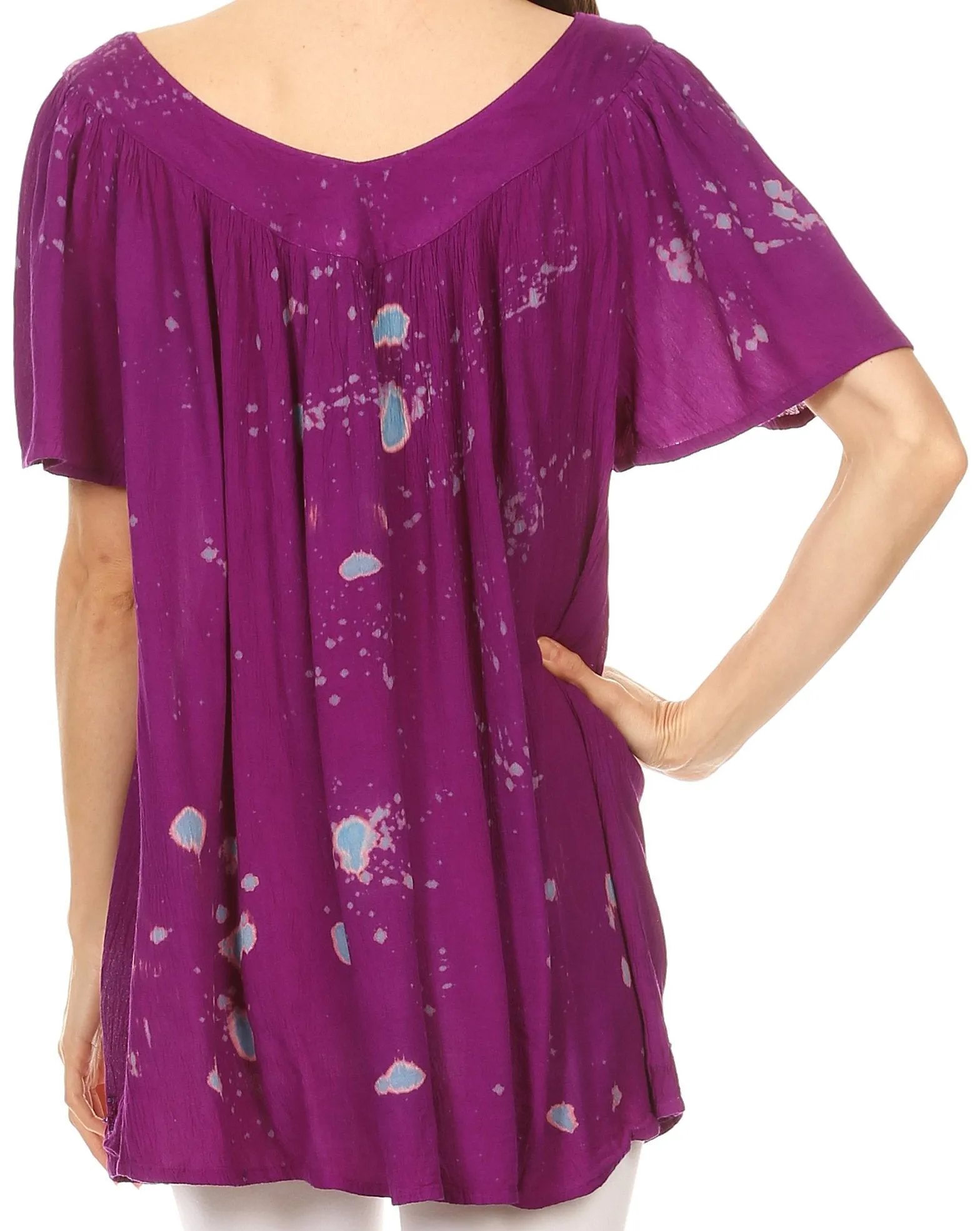 Sakkas Poppy Floral Hand Dyed Dye Pattern Top Blouse With Beaded Sequin V Neck