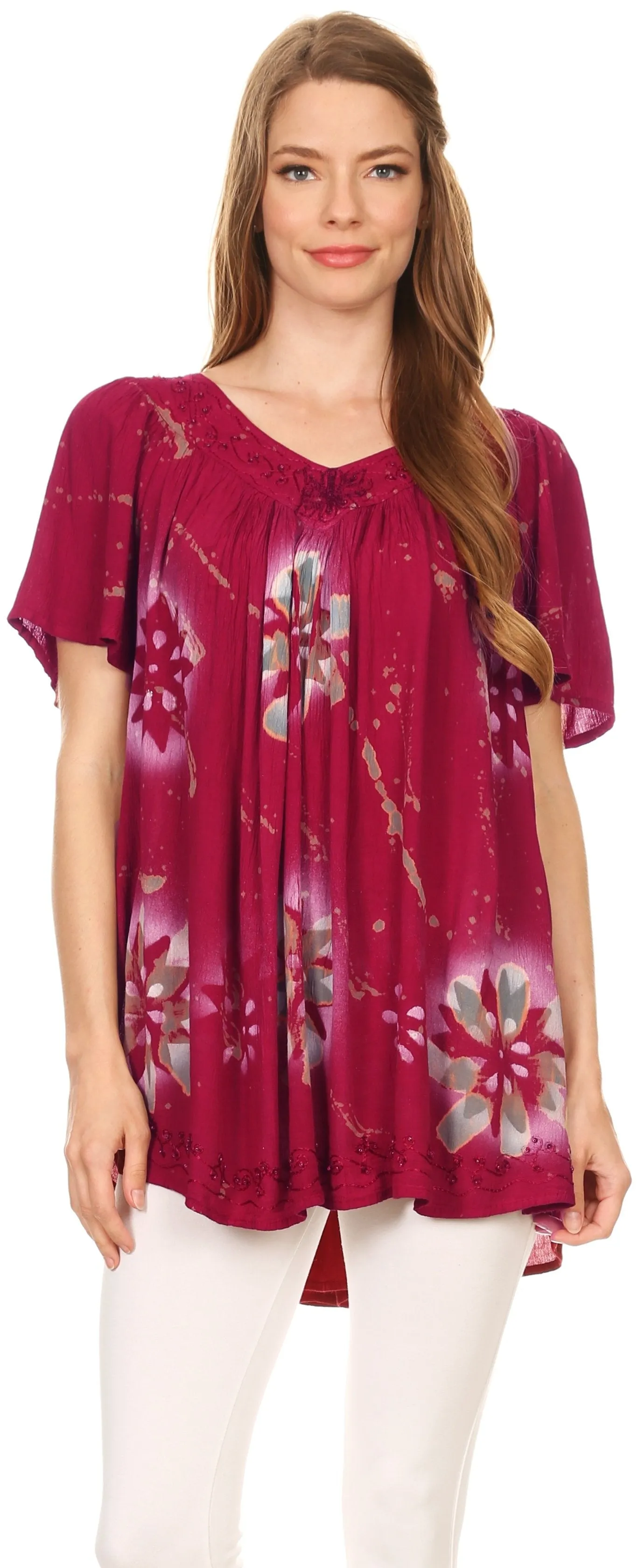 Sakkas Poppy Floral Hand Dyed Dye Pattern Top Blouse With Beaded Sequin V Neck